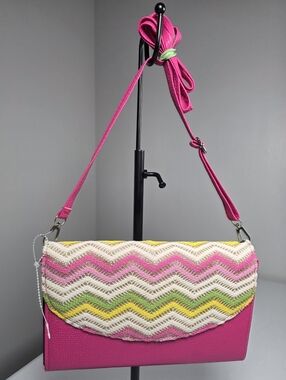 Pink Chevron Crochet Flap Crossbody with Multicolor Accents